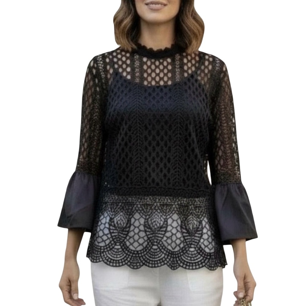 #A085  Dolce Cabo Vintage Black Lace Crochet Top, Victorian Neck M (No Tags)
